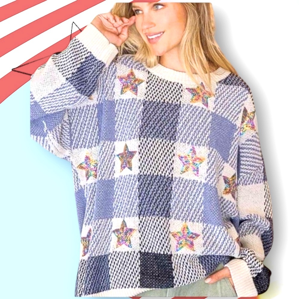 🆕 POL - Checkered Sequin Rainbow Star Lightweight Oversized Sweater - NIB